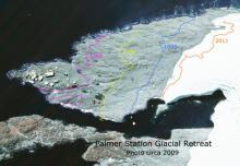 Aerial image of glacial recession at Palmer Station