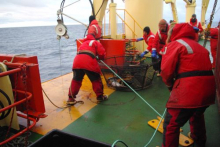 Pulling up a fish pot from Dallman Bay, Antarctica