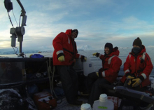 Sean O'Neil, Madie Willis, and Meredith on zodiac in Arthur Harbor