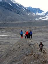 The REU students on a hike below the glacier.  What are the mounds called?