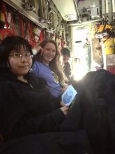 Agnes, Alex, and Marisa enjoying the flight to Greenland