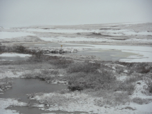 a view across Toolik Lake with fresh snow falling