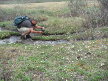 PolarTREC teacher Nick LaFave photographing a stream scene in the Atigun River V