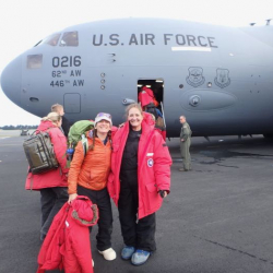 Amy Osborne and Denise Hardoy outside of C-17 airplane