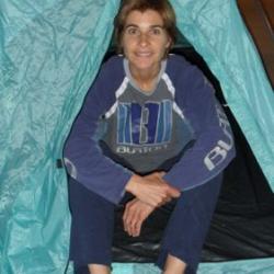 Claude camps out in her family room to get a feel for pitching her tent.