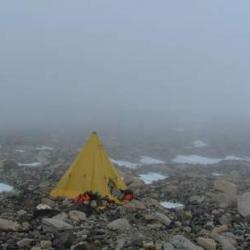 Foggy morning camp on Mt. Kyffin.