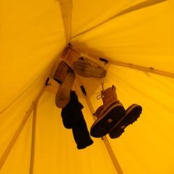 Items drying at the top of a Scott Tent.